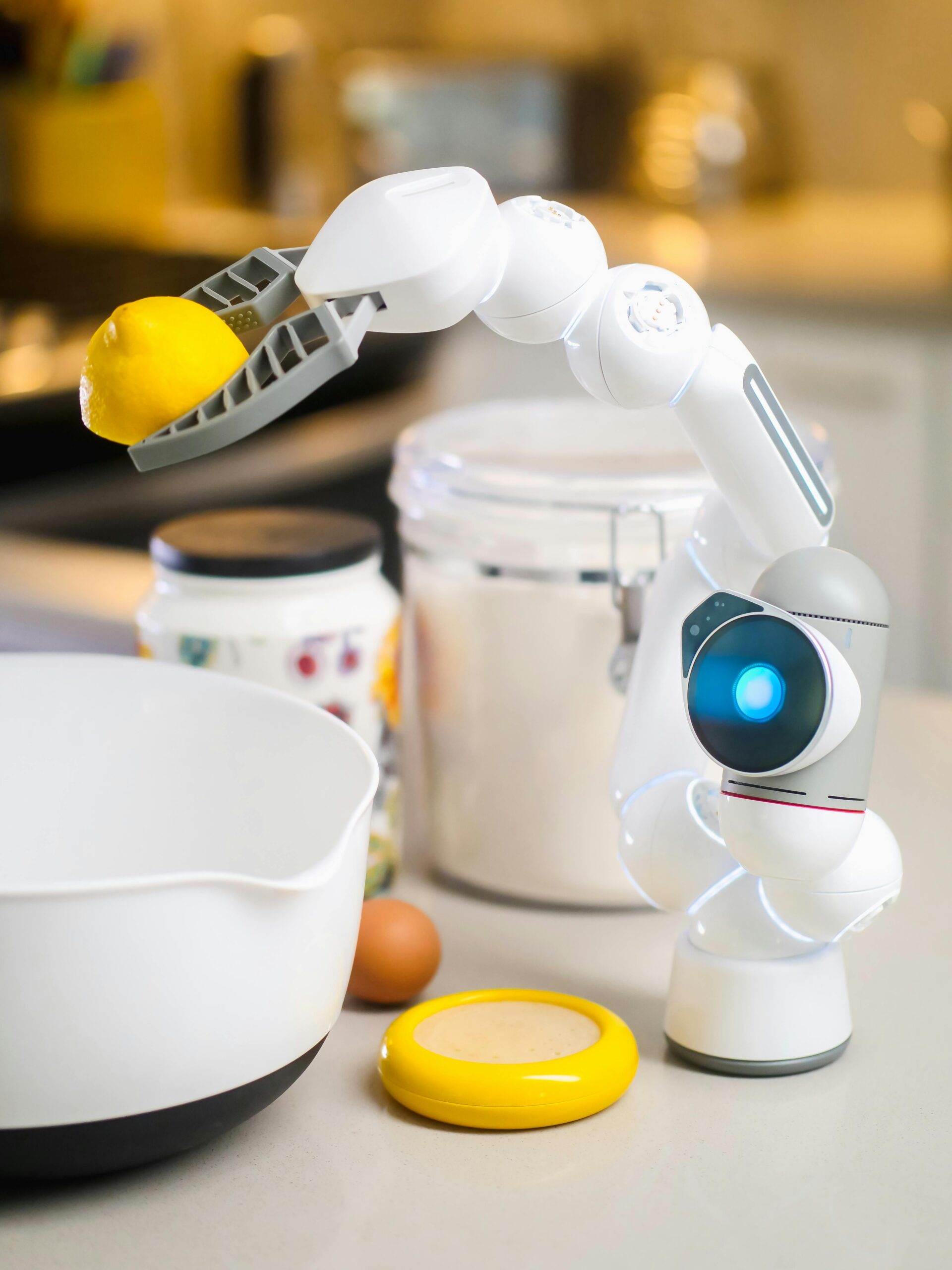 Home A sleek AI robot arm showcasing innovation by holding a lemon in a modern kitchen setting.